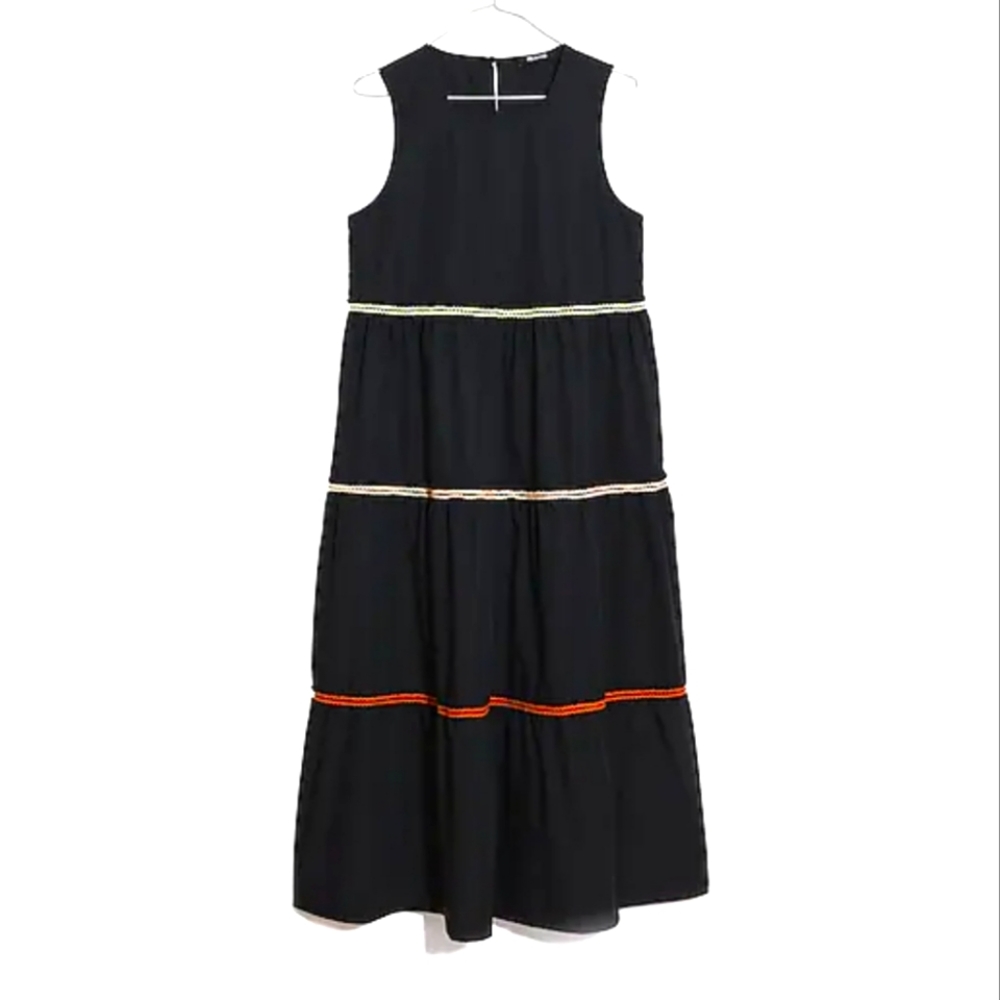 Madewell Rickrack Cattail Tiered Black Dress size small